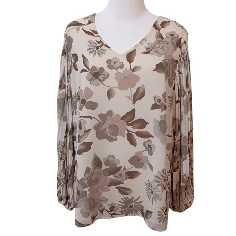 BELLE KIM GRAVEL Dressy Blouse Top M Pleated Sleeve Floral Office Career Cottage
